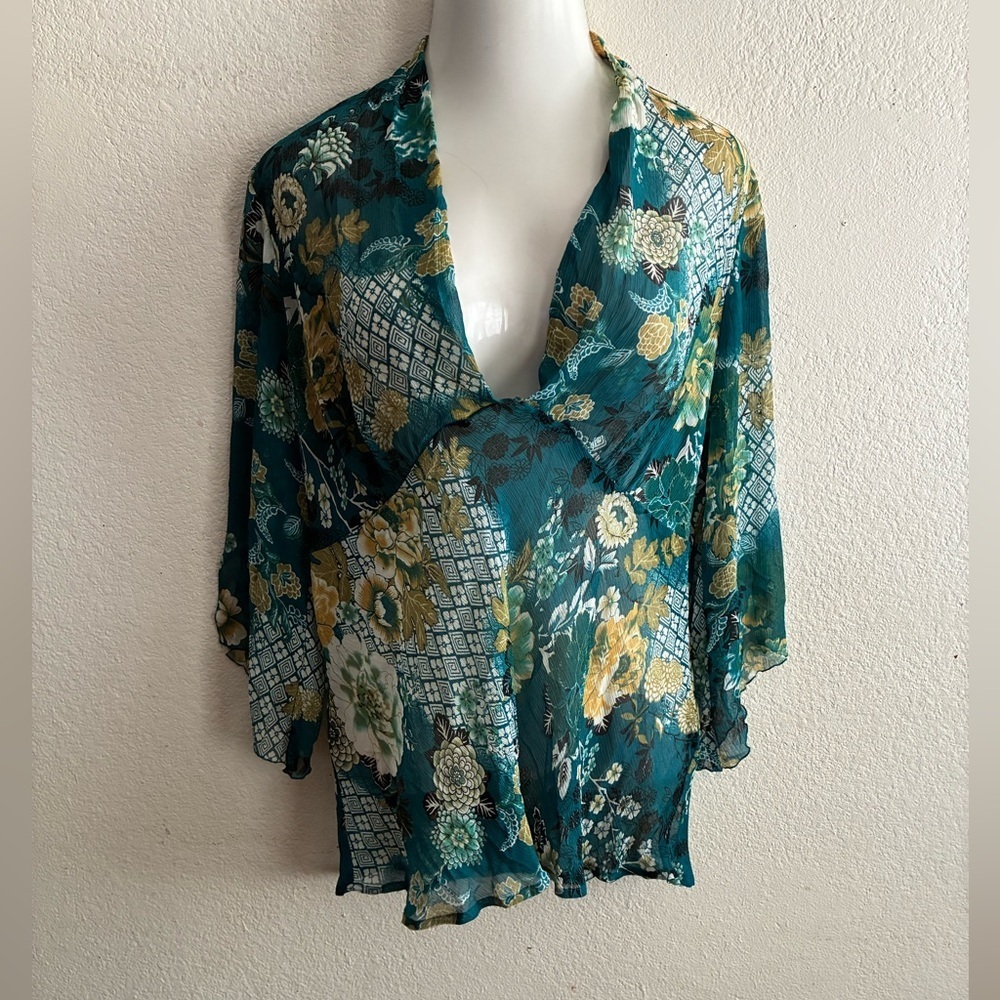 Separates Floral Teal Sheer Plus Size Blouse 2X